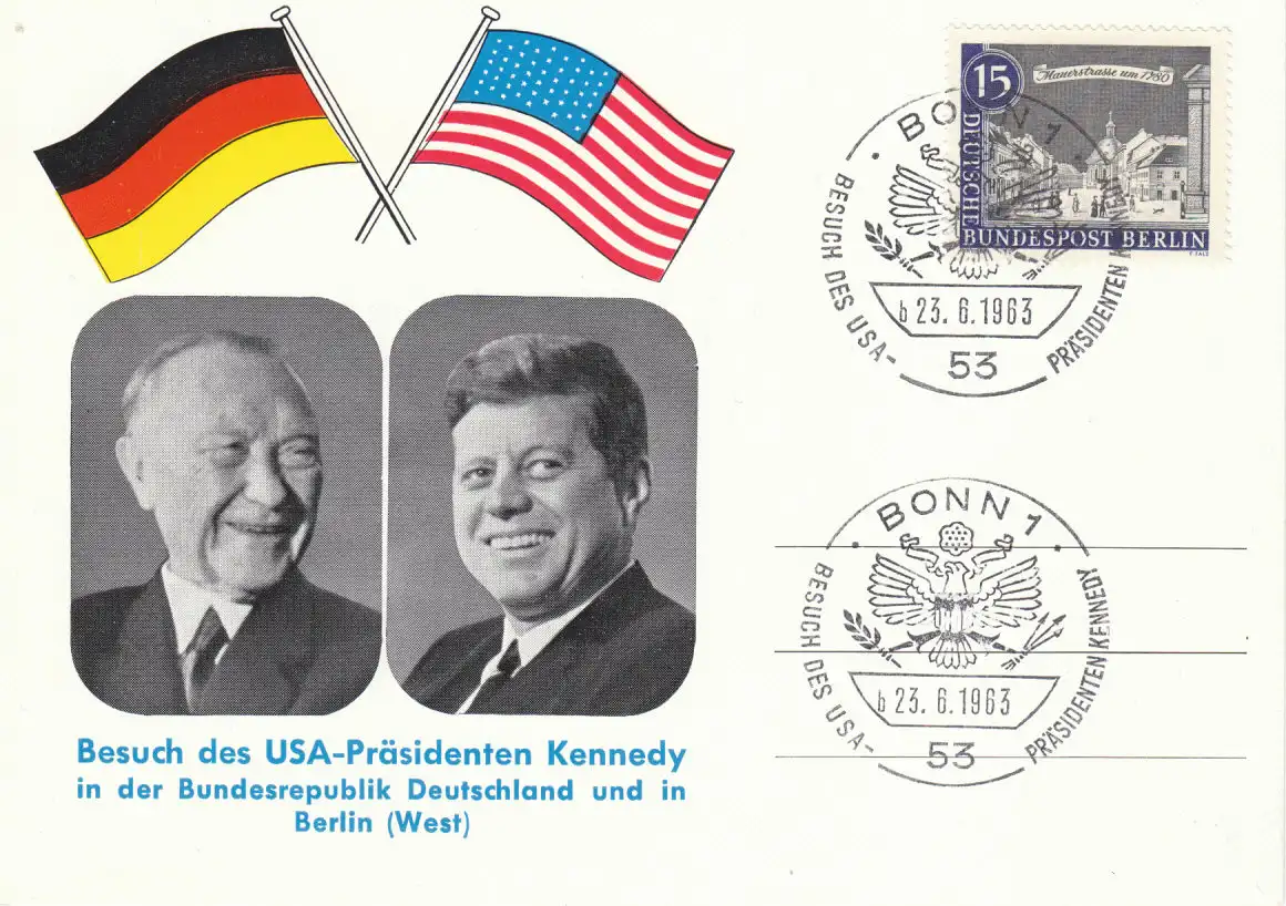 Berlin (West)  Nr 220 auf Sonderkarte zum Besuch des USA-Präsidenten Kennedy mit SST Bonn 23.6.1963 Sonderstempel