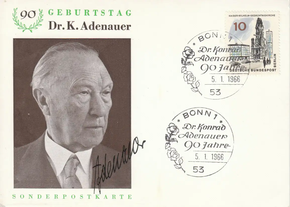 Berlin (West)  Nr 254 auf Sonderpostkarte zum 90. Geburtstag von Dr. Konrad Adenauer mit SST Bonn 5.1.1966 Sonderstempel