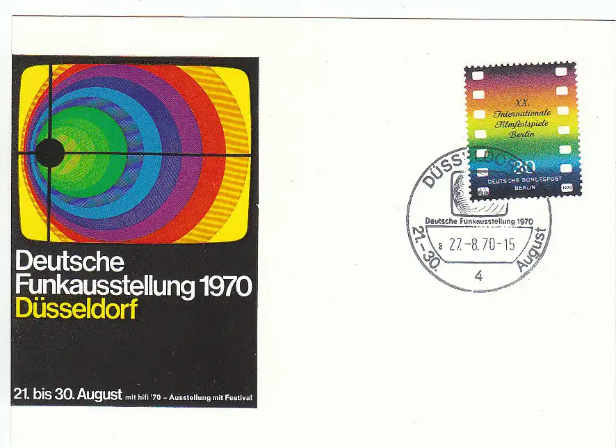 Berlin (West)  Nr 358 (Plattenfehler) auf Sonderpostkarte zur Deutschen Funkausstellung Düsseldorf mit SST Düsseldorf 27.8.70 Sonderstempel