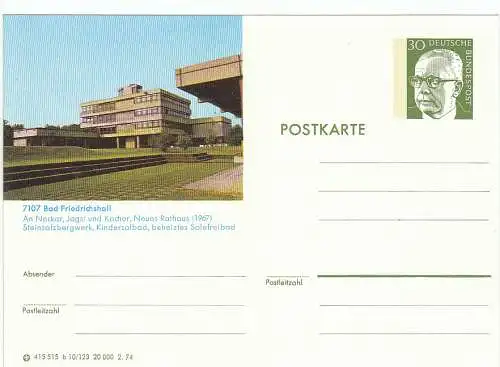 Bundesrep. Deutschland  Nr P 112 - b 10/123 - 2.74 Bildpostkarte:  Bad Friedrichshall: Neues Rathaus Ungebraucht