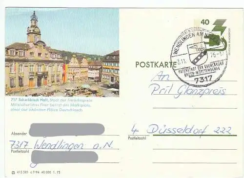 Bundesrep. Deutschland  Nr P 116 - c 7/94 - 1.75 Bildpostkarte: Schwäbisch Hall: Marktplatz / Stempel: 7317 Wendlingen am Neckar 2.11.76 Gebraucht Sonderstempel