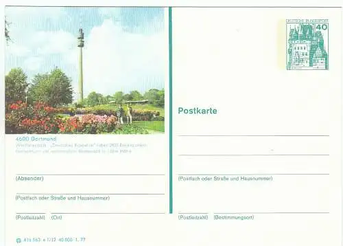 Bundesrep. Deutschland  Nr P 124 - e 1/12 - 1.77 Bildpostkarte: Dortmund: Westfalenpark - Rosarium - Fernsehturm Ungebraucht