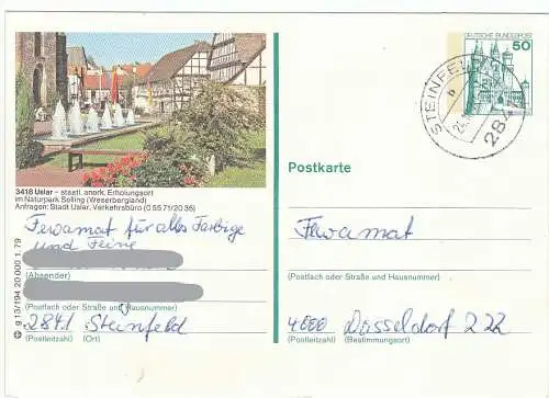 Bundesrep. Deutschland  Nr P 129 - g 13/194 - 1.79 Bildpostkarte: Uslar: Erholungsort / Stempel: 2841 Steinfeld 24.10.79 Rundstempel (Datum und/oder Ort klar)