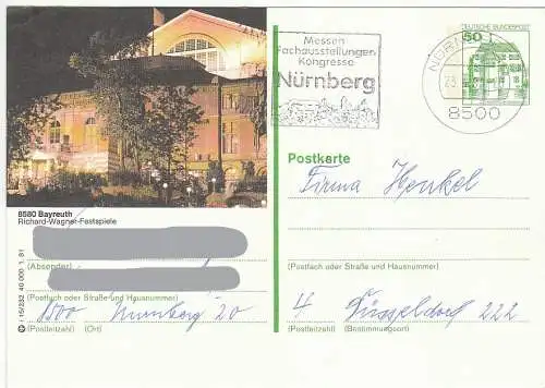 Bundesrep. Deutschland  Nr P 134 - i 15/232 - 1.81 Bildpostkarte: Bayreuth: Festspielhaus auf dem Grünen Hügel / Werbestempel: Messen-Fachausstellungen-Kongresse Nürnberg / 8500 Nürnberg  23.4.81