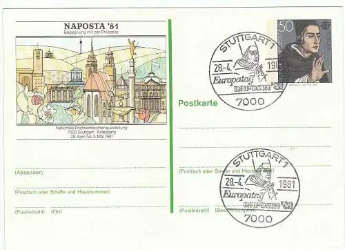 Bundesrep. Deutschland  Nr PSo 6 Bildpostkarte Naposta'81 - Stuttgart: Sehenswürdigkeiten mit Sonderstempel Europatag Naposta '81 - 7000 Stuttgart 28.4.1981 Sonderstempel