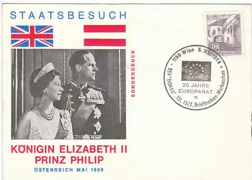 Österreich  Nr 1102 Q (auf SonderKarte Staatsbesuch Elisabeth II + Prinz Philip - mit SST 20 Jahre Europarat 05.05.1969 Wien