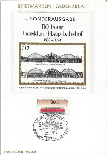 Bundesrep. Deutschland  Nr 836 Q auf Gedenkblatt 110 Jahre Frankfurter Hauptbahnhof 1888 - 1998 mit Vignettenblock (Auflage: 1.000 Stück)