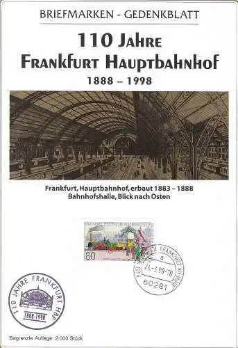 Bundesrep. Deutschland  Nr 1264 Q auf Gedenkblatt 110 Jahre Frankfurter Hauptbahnhof 1888 - 1998  (Auflage: 2.000 Stück)