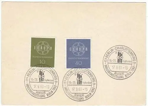 Bundesrep. Deutschland  Nr 320 - 321 Q auf Postkarte (wie P 30 ohne gedruckter Marke) mit SSt. "Deutsche Industrieausstellung Berlin 1960"