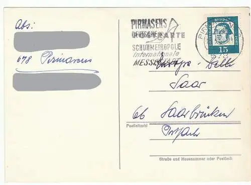 Bundesrep. Deutschland  Nr 351 y Q auf Postkarte mit Werbestempel Pirmasens 16.3.66: PIRMASENS DEUTSCHE SCHUHMETROPOLE internationale MESSESTADT