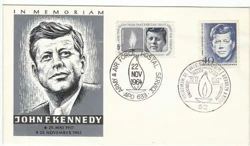 Bundesrep. Deutschland  Nr 453 BRD + 860 USA Q auf Schmuckbrief zum 1. Todestag von John F. Kennedy gestorben am 22.11.1963 / SSt. Wiesbaden 22.11..1964 + Sonderstempel des Army + Airforce Postal Service vom 22.11.1964