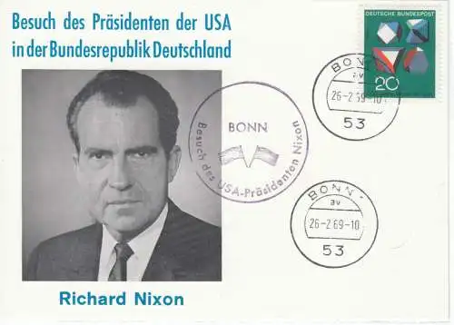 Bundesrep. Deutschland  Nr 547 Q auf Schmuckkarte "Besuch des Präsidenten der USA in der Bundesrepublik Deutschland - Richard Nixon" mit Zusatzstempel "Bonn - Besuch des USA-Präsidenten Nixon  -  Tagesstempel: 53 Bonn 1 - 26.2.69