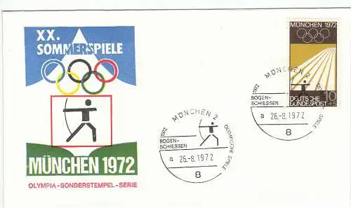 Bundesrep. Deutschland  Nr 587 Q auf Schmuckbrief "XX. Sommerspiele München 1972 - Olympia Sonderstempel Serie" mit Sonderstempel "Bogenschiessen" 8 München 2  / 26.8.1972