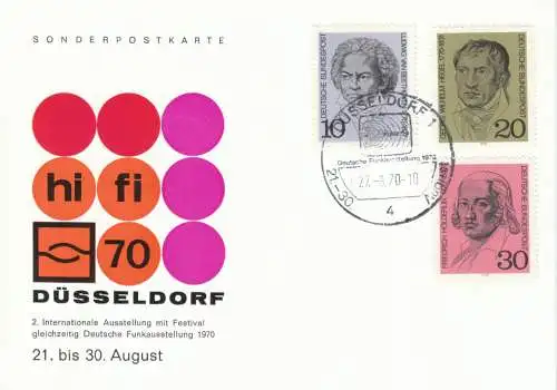 Bundesrep. Deutschland  Nr 616 - 618 Q auf Sonderpostkarte "hi fi 70 Düsseldorf" mit Sonderstempel "Deutsche Funkausstellung Düsseldorf 21.-30.8.1970" - Düsseldorf 1 / 27.8.1970