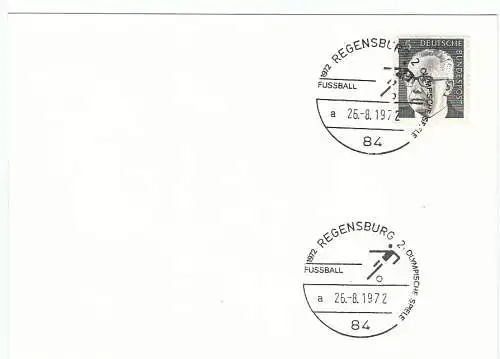 Bundesrep. Deutschland  Nr 635 Q auf Karte mit Sonderstempel "Olympische Spiele 1972 - Fussball" - 84 Regensburg 2 / 26.8.1972