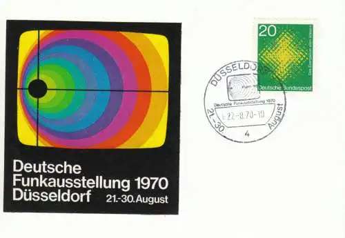 Bundesrep. Deutschland  Nr 647 Q auf Schmuckkarte "Deutsche Funkausstellung 1970 Düsseldorf" mit Sonderstempel "Deutsche Funkausstellung Düsseldorf 21.-30.8.1970" - 4 Düsseldorf 1 / 27.8.1970