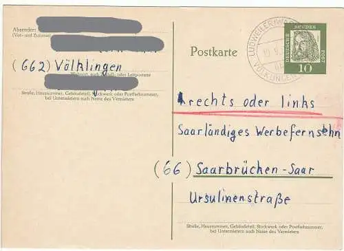 Bundesrep. Deutschland  Nr 350 (Ganzsache) Q Postkarte P 60 Albrecht Dürer 10 Pf. mit Tagesstempel  Ludweiler (Warndt) 2 über Völklingen (Saar) 10.9.6?