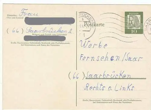 Bundesrep. Deutschland  Nr 350 (Ganzsache) Q Postkarte P 67 Albrecht Dürer 10 Pf. mit Tagesstempel 66 Saarbrücken 2 / 1?.4.62