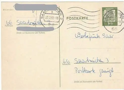 Bundesrep. Deutschland  Nr 350 (Ganzsache) Q Postkarte P 74 Albrecht Dürer 10 Pf. mit Tagesstempel 66 Saarbrücken 2 / 22.2.63