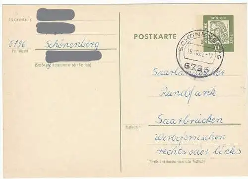 Bundesrep. Deutschland  Nr 350 (Ganzsache) Q Postkarte P 74 Albrecht Dürer 10 Pf. mit Tagesstempel 6796 Schönenberg / 18.10.62