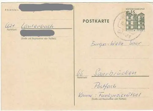 Bundesrep. Deutschland  Nr 455 (Ganzsache) Q Postkarte P 82 Deutsche Bauwerke: Schloss Tegel/Berlin 15 Pf. mit Tagesstempel - 6621 Lauterbach / 15.3.6?