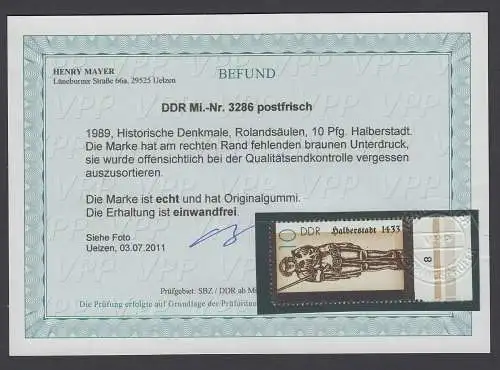 DDR 3286 F II Fehldruck Druck verschoben postfrisch Unterrand ** mit Befund (5448)