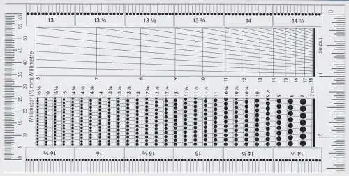 Zähnungsschlüssel Zähnungsmesser Schablone 140x69 mm aus Pappe Papier Karton