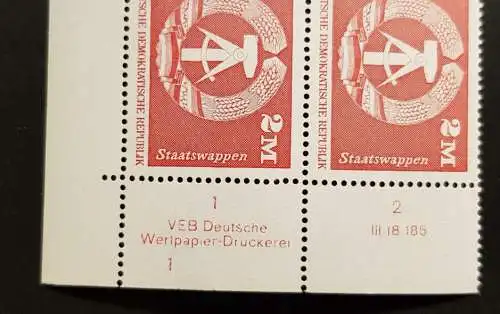 DDR 1900 DV DWD Druckvermerk Formnummer 1 postfrisch RWZ Eckrand (6458A)