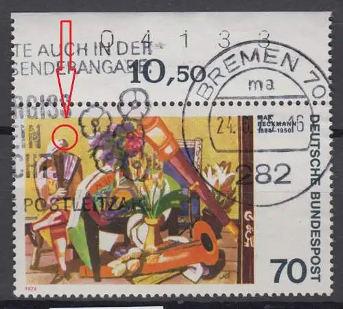 BRD 822 V Plattenfehler gestempelt Oberrand mit BZN Bogenzählnummer (6923C)