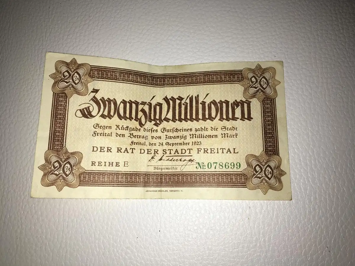 Reichsbanknote 20 Millionen Mark v. 24. September 1923 Freital Notgeld