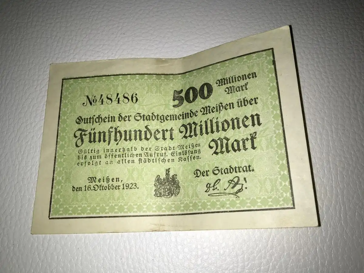 Reichsbanknote 500 Millionen Mark Gutschein v. 16.10 1923 Meißen Notgeld