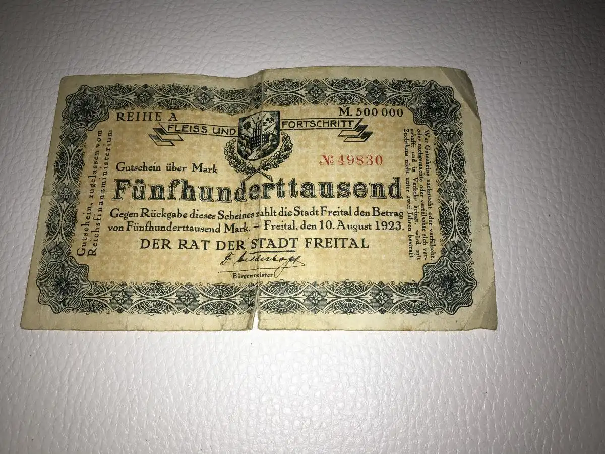 Reichsbanknote 500.000 Mark Stadt Freital 10.8.1923 Notgeld Inflationsgeld