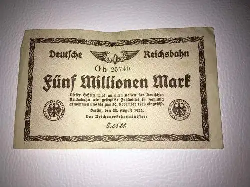 Reichsbanknote 5 Millionen Mark vom 22.8.1923 Berlin Deutsche Reichsbahn Notgeld Inflationsgeld