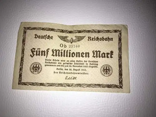 Reichsbanknote 5 Millionen Mark vom 22.8.1923 Berlin Deutsche Reichsbahn Notgeld Inflationsgeld