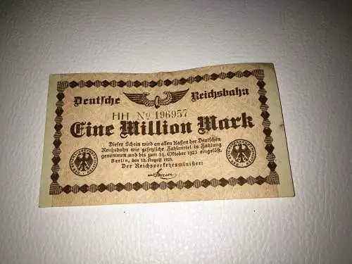 Reichsbanknote Deutsche Reichsbahn 1 Million Mark vom 12.8.1923 Berlin Notgeld Inflationsgeld