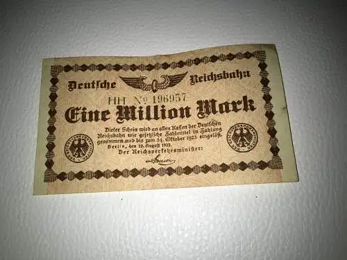 Reichsbanknote Deutsche Reichsbahn 1 Million Mark vom 12.8.1923 Berlin Notgeld Inflationsgeld