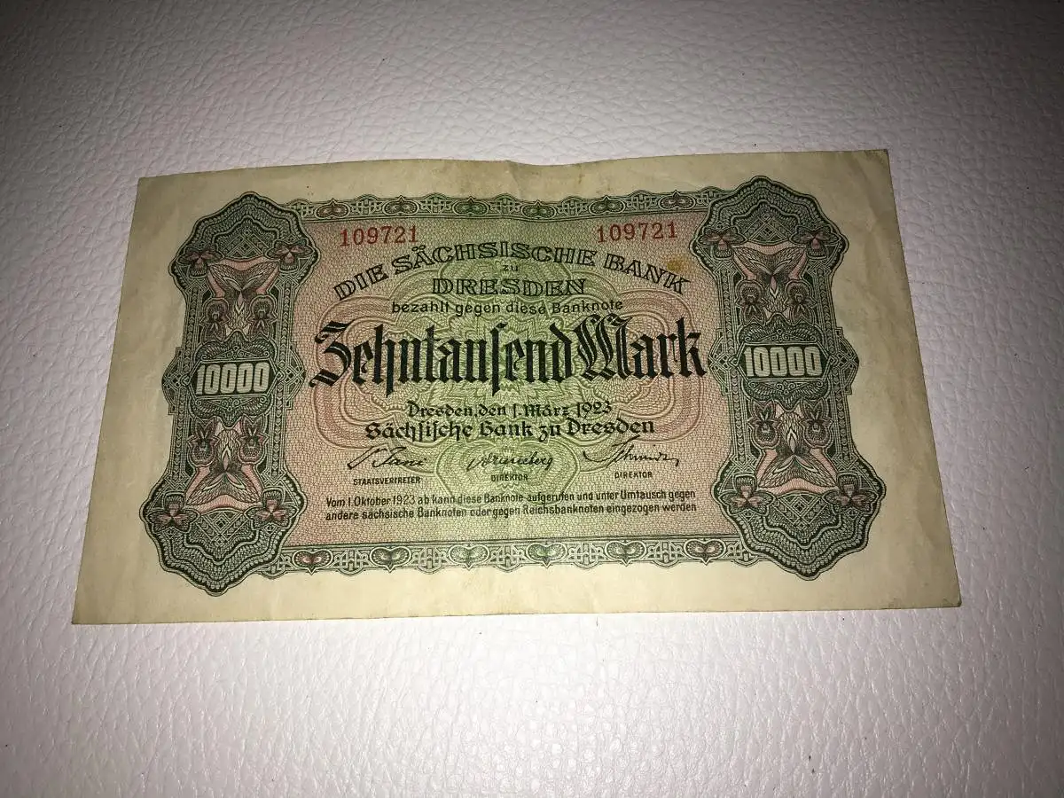 Reichsbanknote 10.000 Mark vom 1.3.1923 Stadt Dresden Notgeld Inflationsgeld 