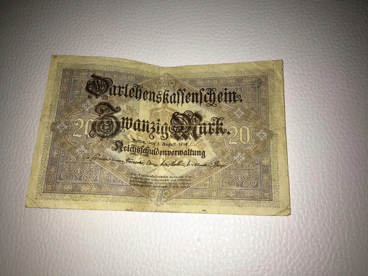 Reichsbanknoten Zwanzig Mark Geldschein Darlehenskassenschein Berlin 5.8.1914 