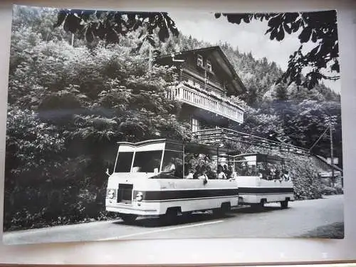 [Echtfotokarte schwarz/weiß] Schwarzburg in Thüringen, Schwarza-Expreß an HOG Schweizerhaus, DDR. 