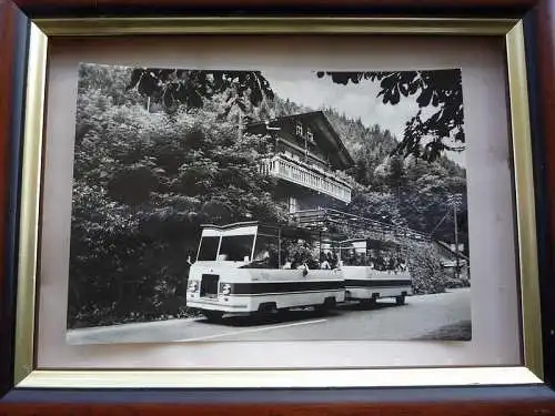 [Echtfotokarte schwarz/weiß] Schwarzburg in Thüringen, Schwarza-Expreß an HOG Schweizerhaus, DDR. 