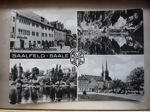 [Echtfotokarte schwarz/weiß] Saalfeld / Saale, Thüringen, 4 Ansichten, HO-Hotel Anker und Milchbar am Marktplatz, Feengrotten Gralsburg, Am Markt, Blick zu Gondelstation. VEB Bild und Heimat Reichenbach e.V. 