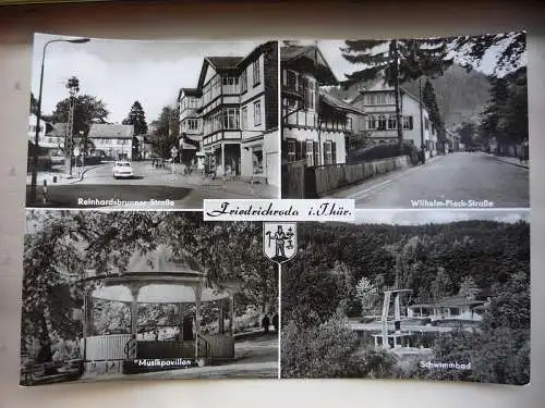 [Echtfotokarte schwarz/weiß] Friedrichroda in Thüringen, 4 Ansichten, Reinhardsbrunner Straße, Wilhelm Pieck Straße, Musikpavillion, Schwimmbad, Foto und Verlag: Lichtbild Schincke KG, Zeitz. 