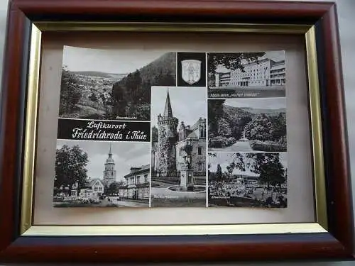 [Echtfotokarte schwarz/weiß] Luftkurort Friedrichroda in Thüringen, 6 Ansichten, Reinhardsbrunn, Blick zur Kirche, Puschkinpark, Gesamtansicht, FDGB Heim Walter Ulbricht, Schwimmbad, Kunstanstalt Straub und Fischer, Meiningen. 