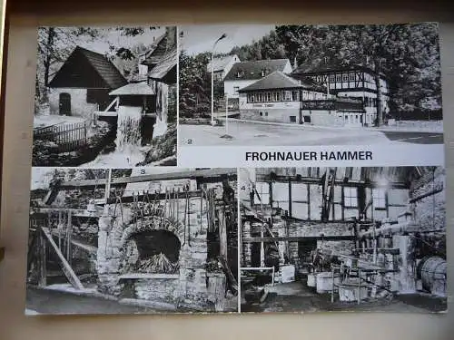 [Echtfotokarte schwarz/weiß] Frohnauer Hammer, Kreis Annaberg, Sachsen, Erzgebirge, Bergbau, 4 Ansichten, 1. Mühlgraben am Hammerwerk, 2. HO-Gaststätte, Hammerwerk, Verlag Bild und Heimat Reichenbach. 