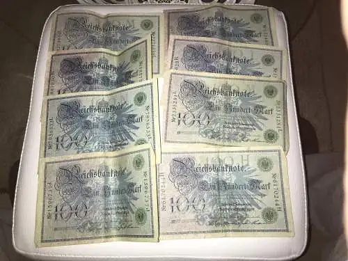 Reichsbanknoten 8x zu je 100 Mark Einhundert Mark aus 02/1908, Berlin Notgeld