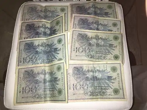 Reichsbanknoten 8x zu je 100 Mark Einhundert Mark aus 02/1908, Berlin Notgeld