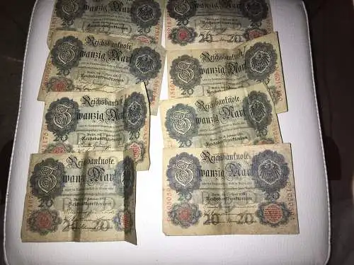 Reichsbanknote 8x zu je 20 Mark Zwanzig Mark aus 1910-1914 Berlin Notgeld