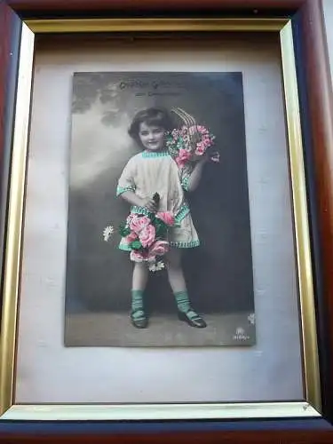 [Echtfotokarte farbig] AK Geburtstag Mädchen im Kleid mit Blumenstrauß und Blumenkorb, Herzlichen Glückwunsch zum Geburtstage, RPH 3158/4, Karte ist beschriftet, Briefmarke Dt. Reich Nr. 85 5 Pfennig. 