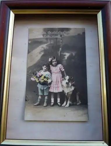 [Echtfotokarte farbig] AK Geburtstag Kinderpaar Junge und Mädchen mit Hund und Blumenkorb, Herzliche Gratulation zum Geburtstage, R&K L Nr. 4849/1, Karte ist beschriftet, Briefmarke Dt. Reich Nr. 85 5 Pfennig. 