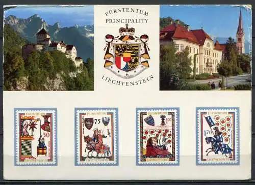 (4443) Vaduz - Fürstentum Liechtenstein - Mehrbildkarte mit Wappen u. Briefmarkenmotiven - gel. 1974
